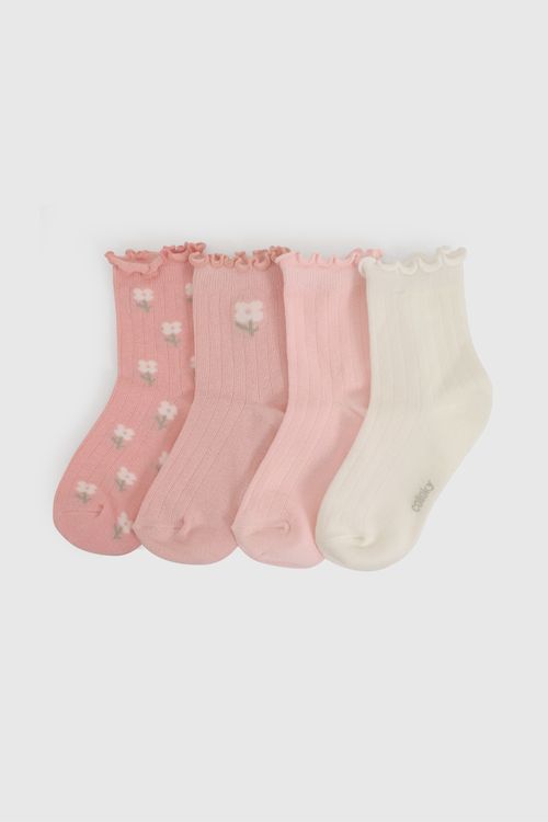 Pack Cuatro Calcetín Rosado Flores Niña talla 23/25 a 34/37