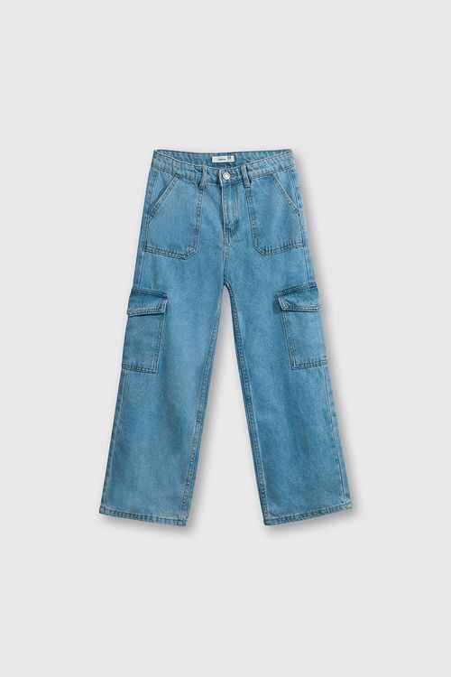 Jeans Denim Cargo Azul Elasticado con Cierre para Niña