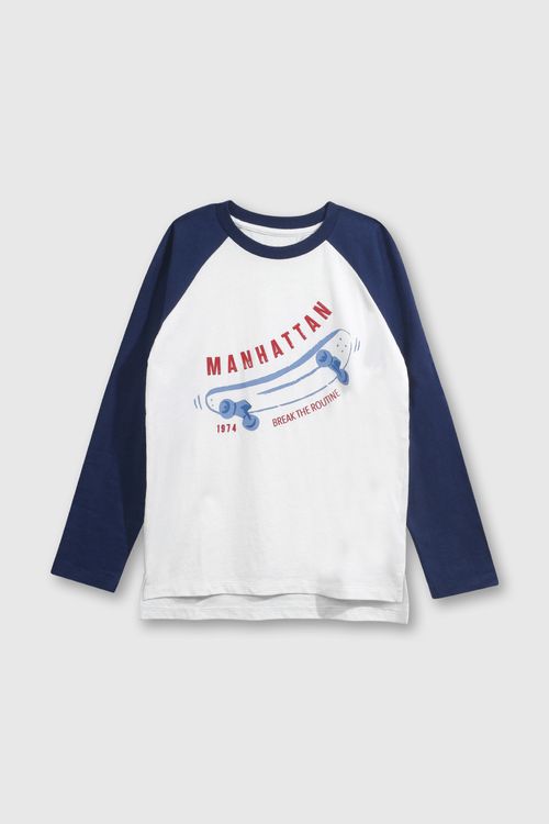 Polera Niño Raglan Algodón Azul Estampado