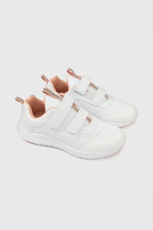 Zapatillas Colloky Escolar Blanca doble Velcro y Detalles Rosados Niña