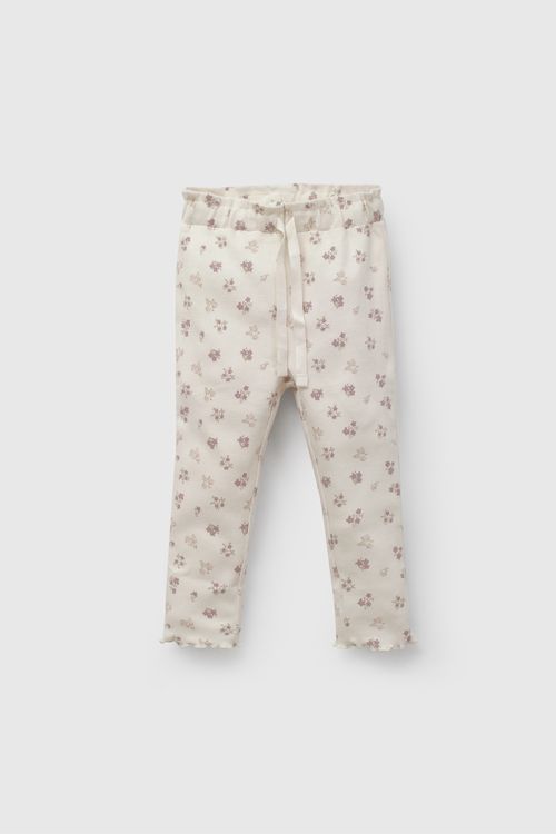 Pantalón de Niña Beige de Algodón con Elástico y Estampado de Flores