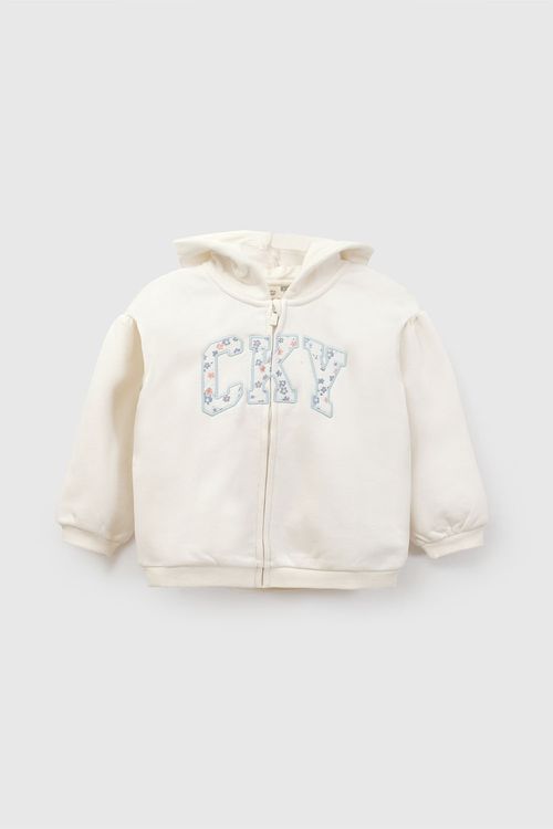 Polerón Niña Beige de Algodón con Cierre Frontal y Gorro