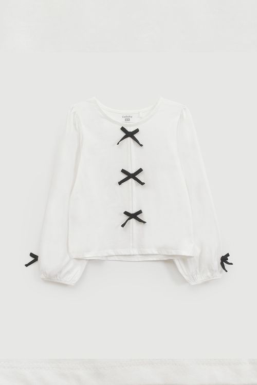 Polera Niña Blanca de Algodón con Cintas (3/4 a 12/13 Años)